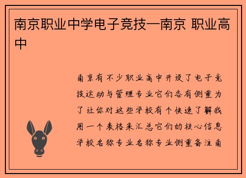 南京职业中学电子竞技—南京 职业高中